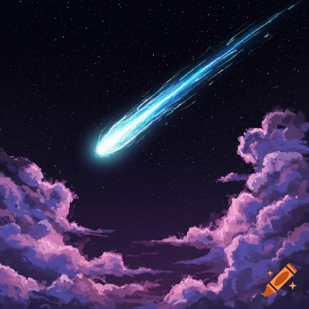 A bright blue meteor streaks across a starry night sky above purple clouds.