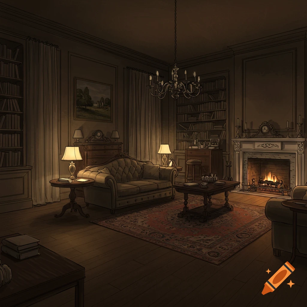Dimly lit parlor room sketch with fireplace, sofa, and bookshelves.
