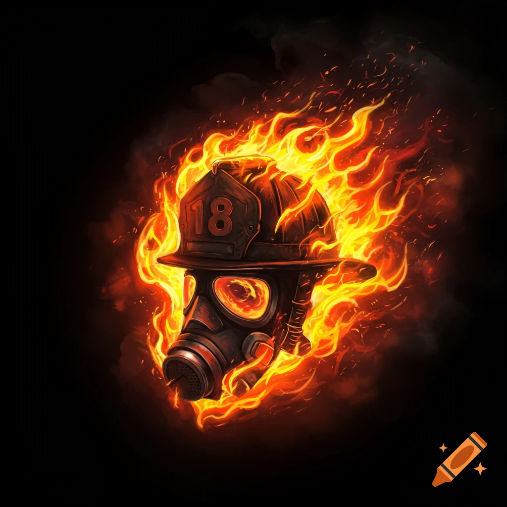 a firefighter helmet and gas mask engulfed in flames.