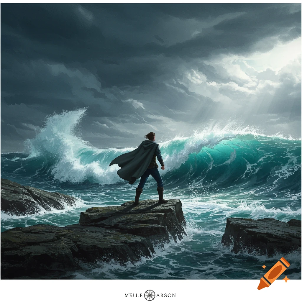 A man in a cape stands on rocks, facing a large stormy wave crashing behind him.