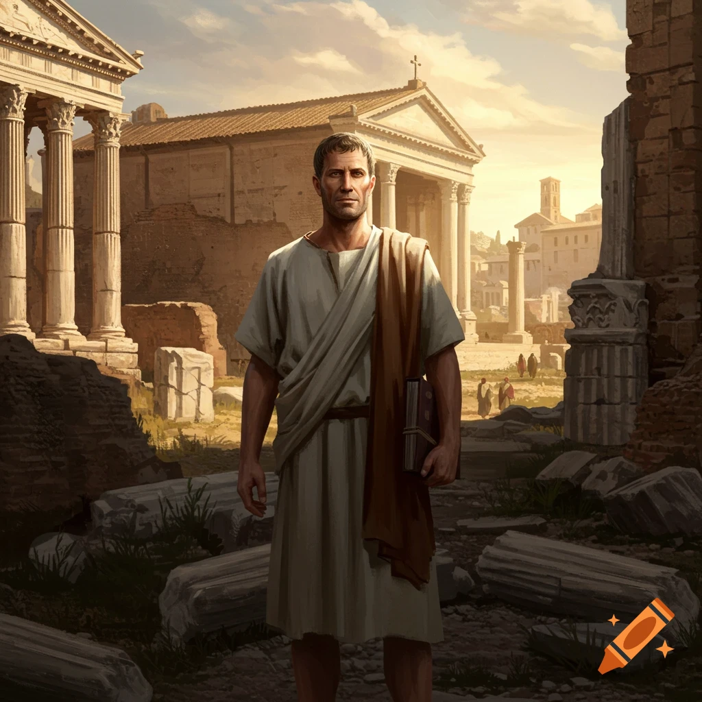 Man in Roman clothes holds a book in ancient ruins.