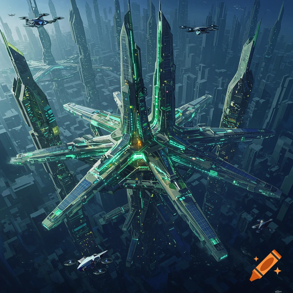 Futuristic architectural structures and flying vehicles are depicted in a dense city.