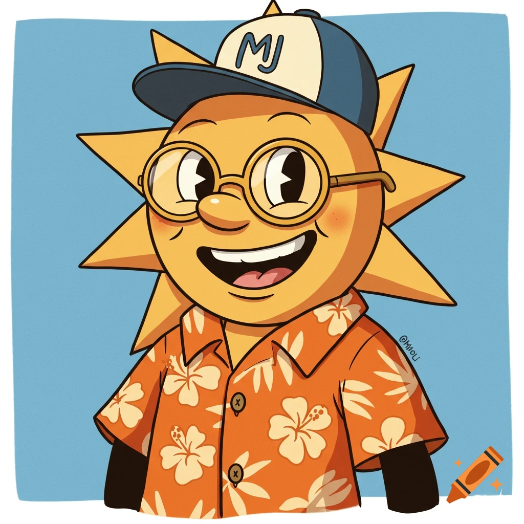 Cartoon sun character wearing a baseball cap with 'MJ' and a Hawaiian shirt, smiling with glasses.