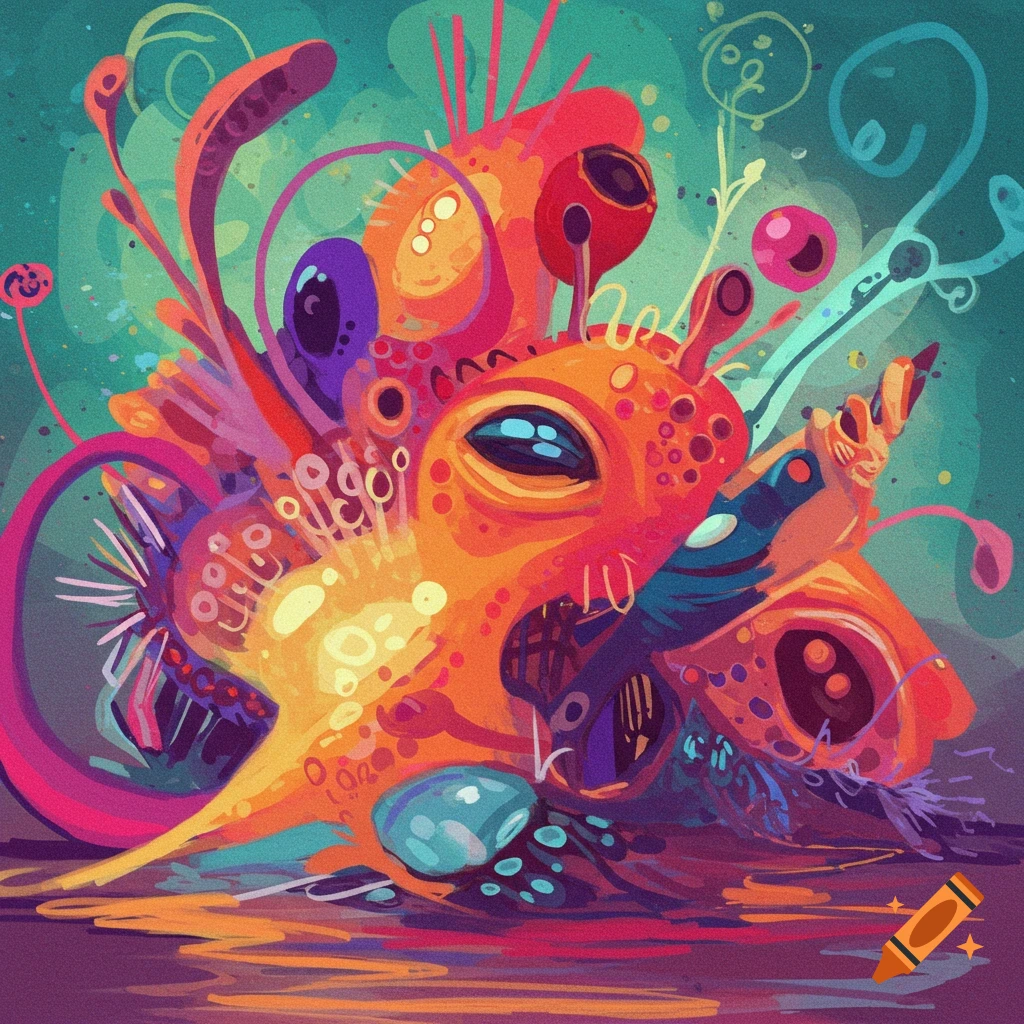 A vibrant, abstract image of a bizarre, multi-eyed orange and purple creature-like entity with swirling forms and bright colors.