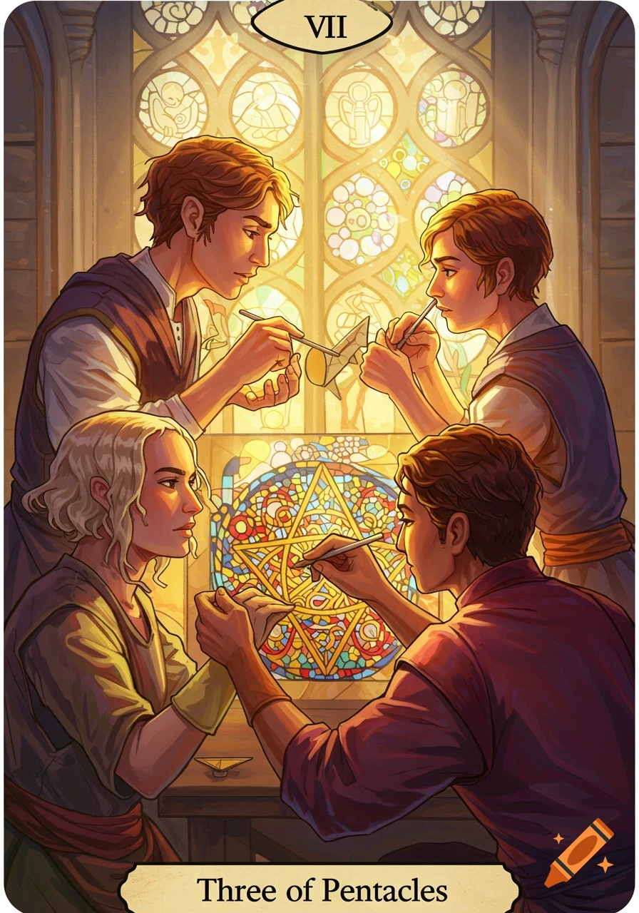 Four people working on a stained glass window, depicting the Three of Pentacles tarot card.