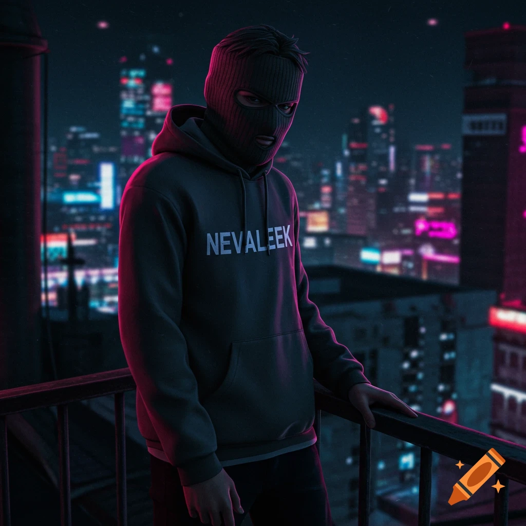 Person in ski mask and hoodie on balcony overlooking a neon-lit city at night, anime style.