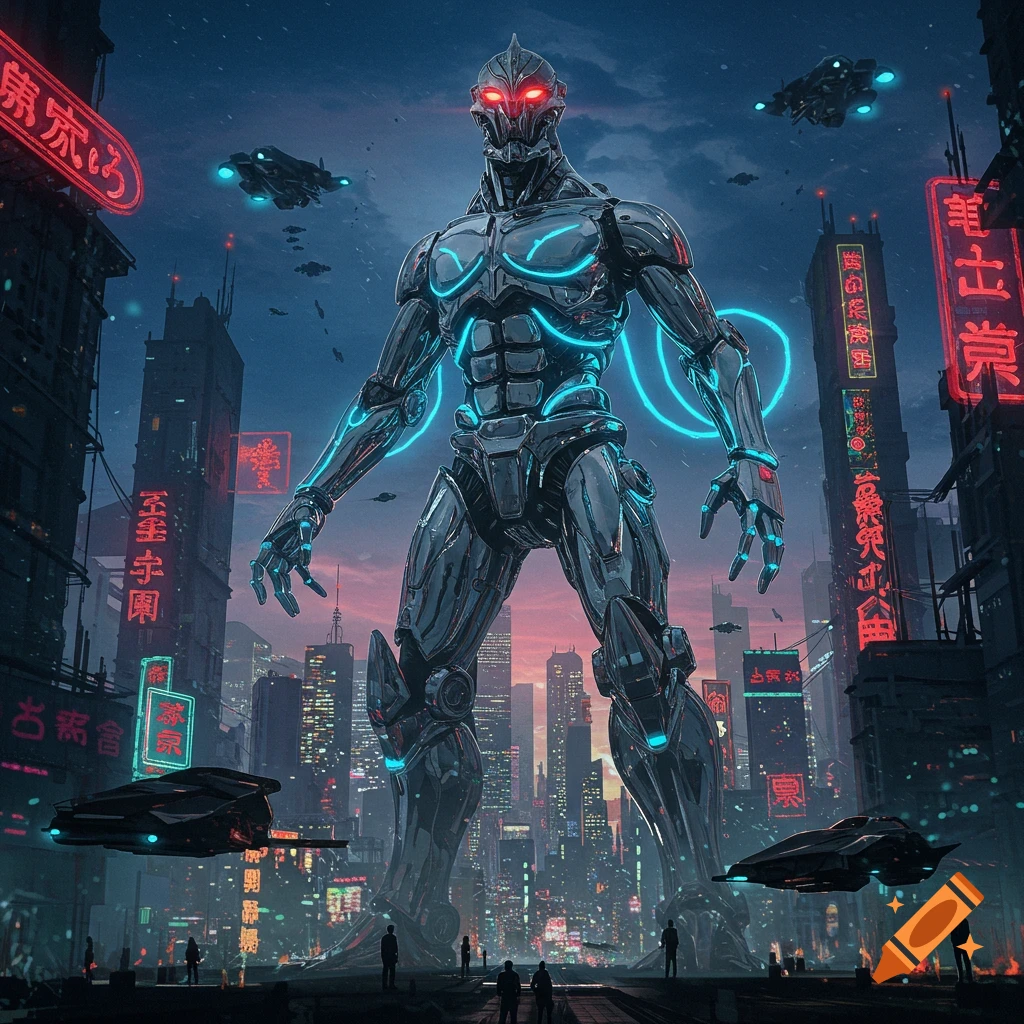 A giant robot stands in a futuristic city under a cloudy sky.