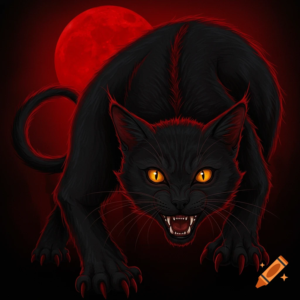 A black cat with glowing yellow eyes, sharp teeth and claws crouches before a red full moon.