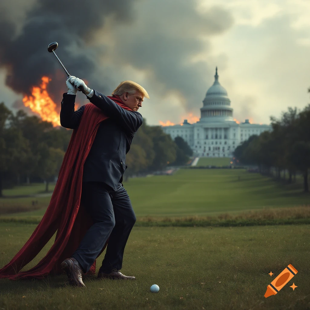 Photorealistic image of Donald Trump in a red cape golfing with the US Capitol burning in the background.