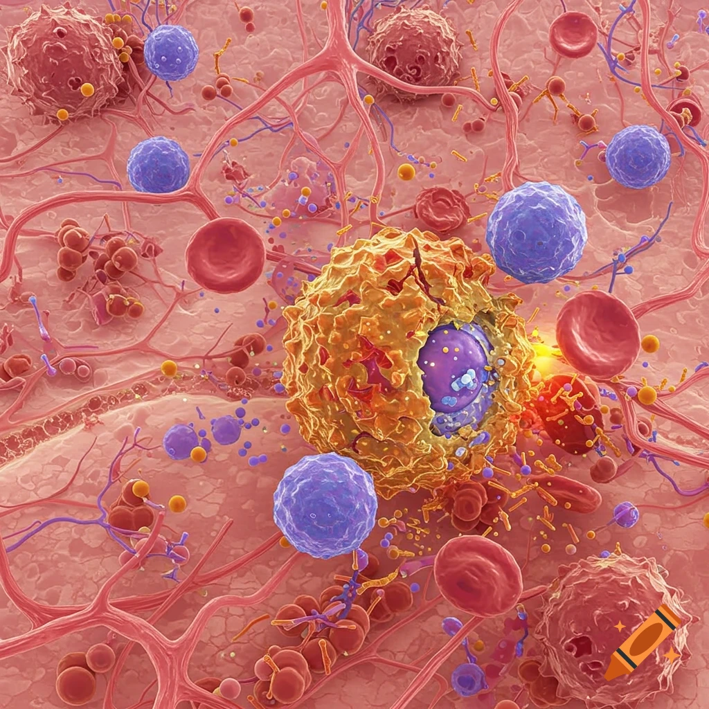 Stylized microscopic view of immune cells attacking a large cell, red blood cells, and vessels.