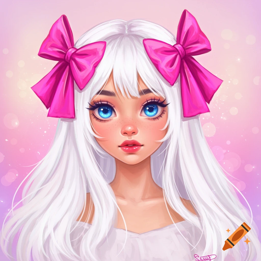 A young girl with long white hair and pink bows looks at the viewer.