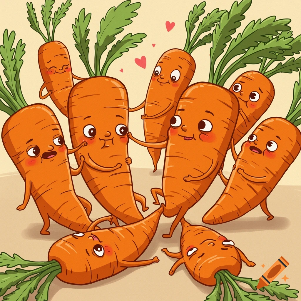 Cartoon carrots with faces and limbs hug and interact.