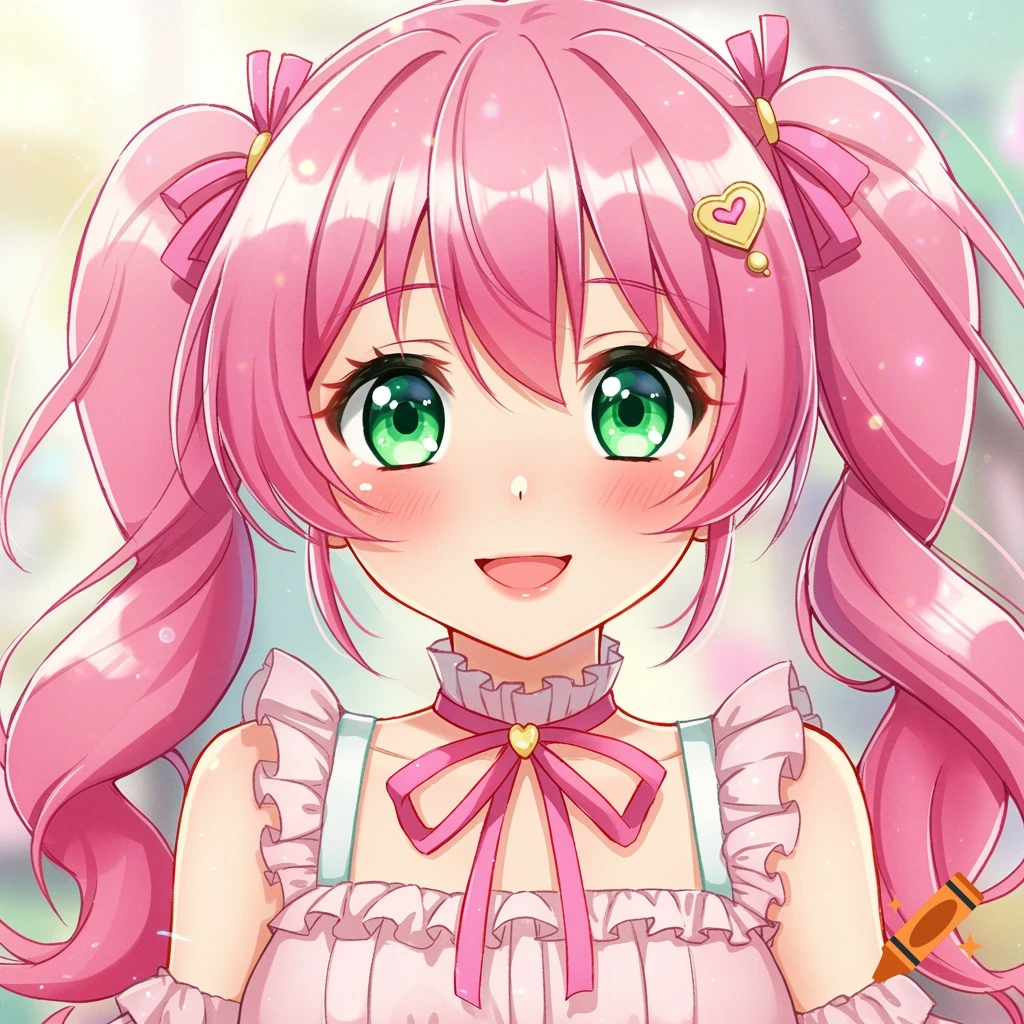 Close-up portrait of a cute anime girl with pink hair, green eyes, and a pink dress.