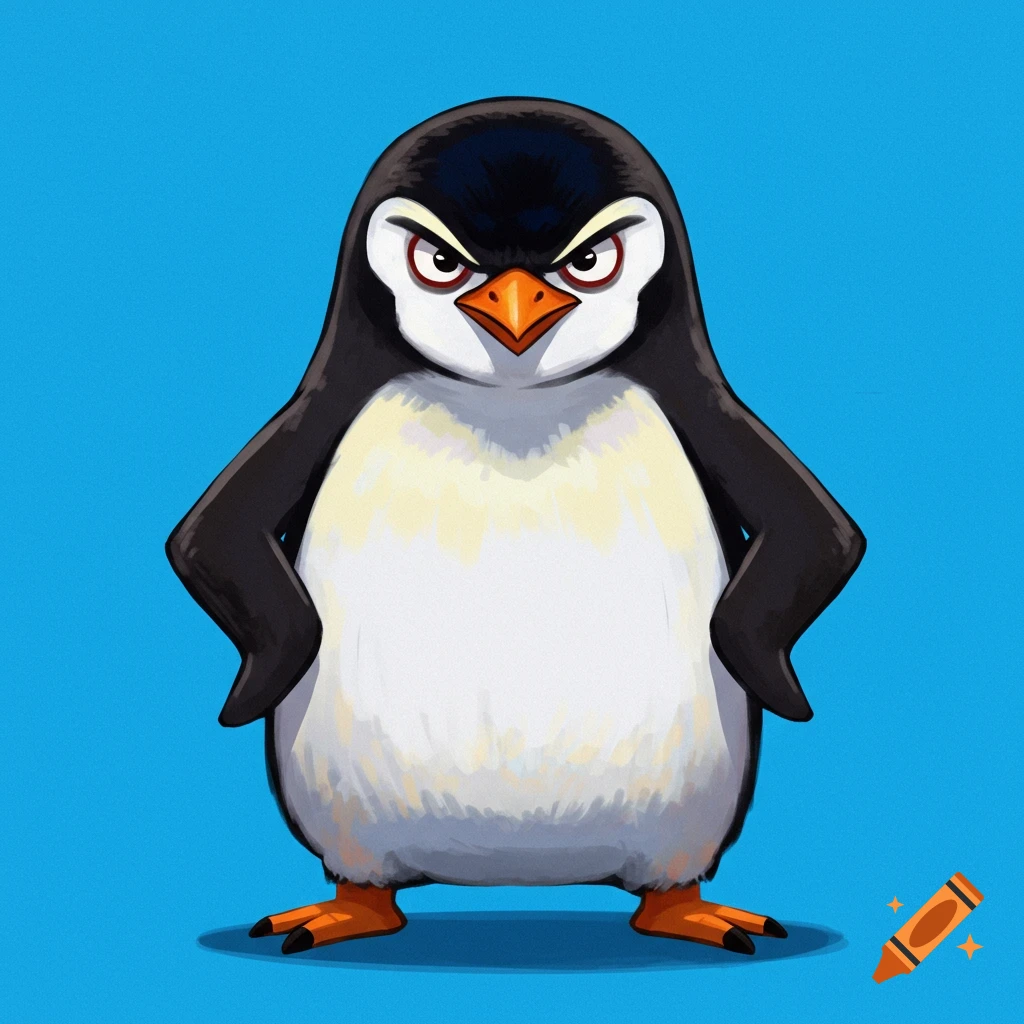 An angry penguin standing with flippers on hips