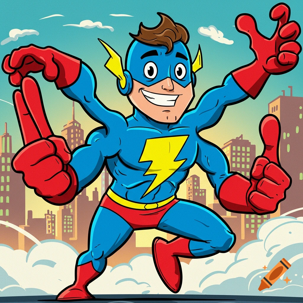 Cartoon superhero with extra limbs and fingers stands in front of a city skyline.