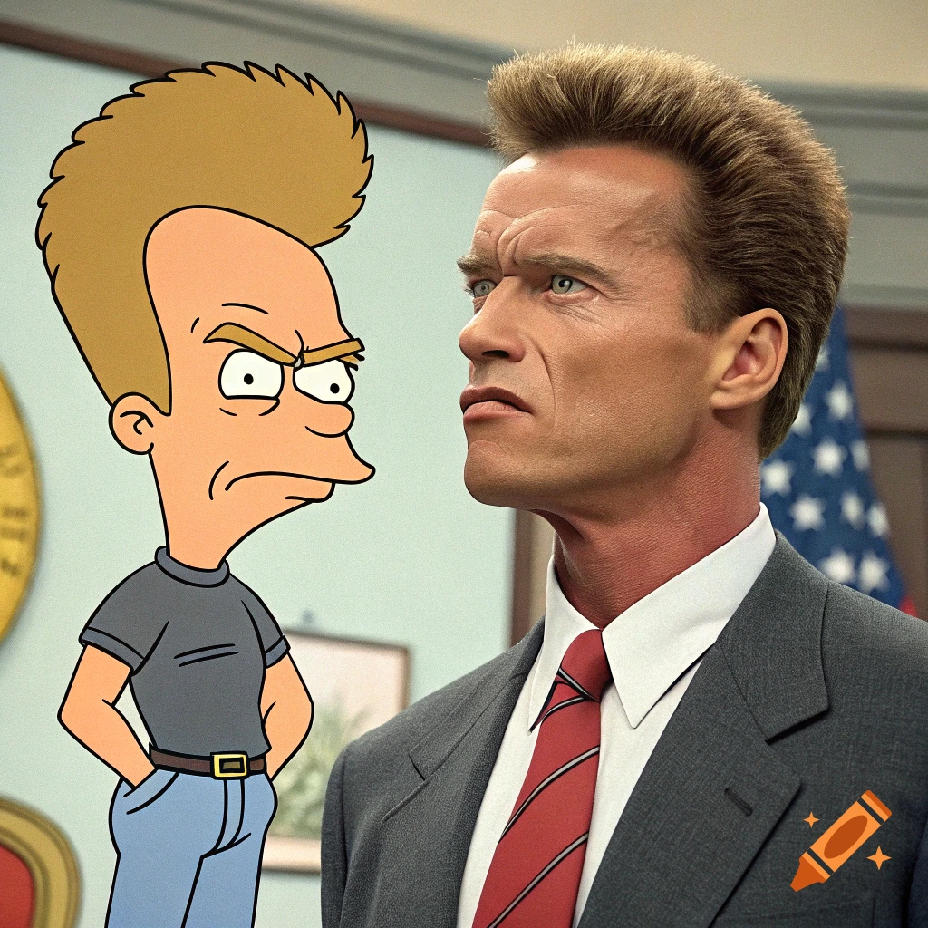 Animated character confronts man in suit.