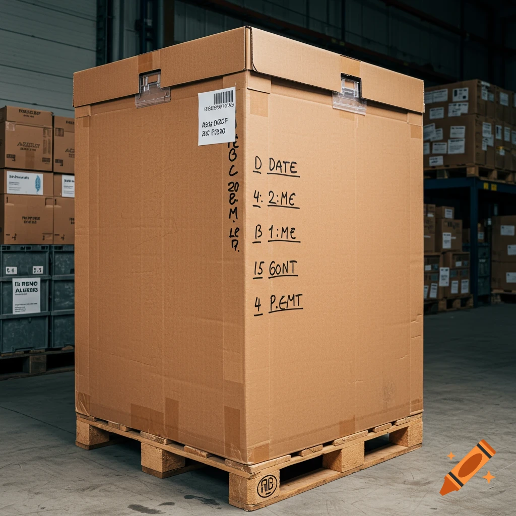 A large cardboard box on a wooden pallet in a warehouse, with handwritten labels on the side.