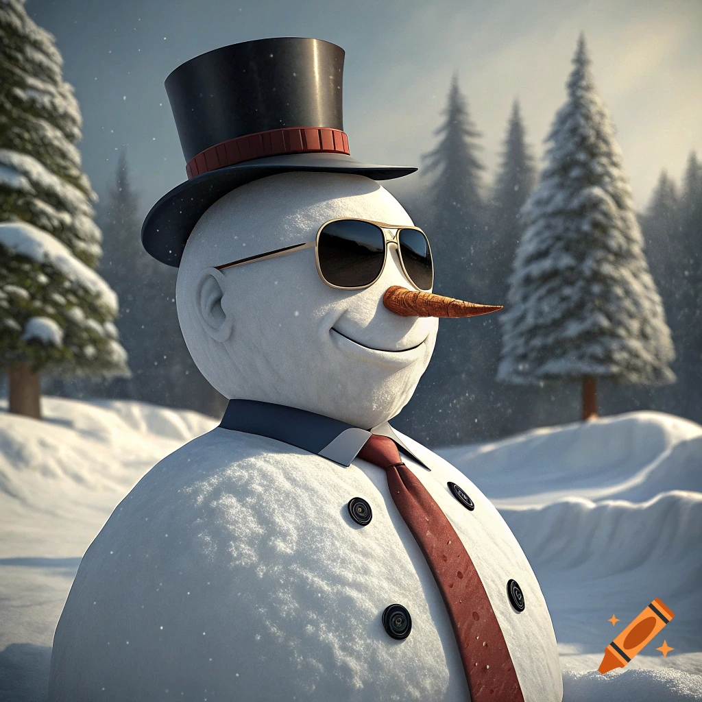 A snowman wears a top hat, sunglasses, shirt collar, and tie in a snowy forest.