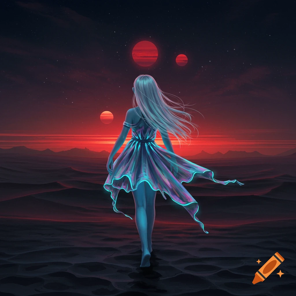 Woman in a flowing dress walking on an alien desert under red planets.