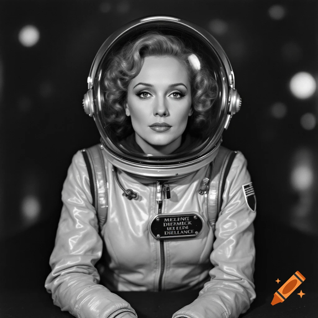 Black and white portrait of a woman in a space suit