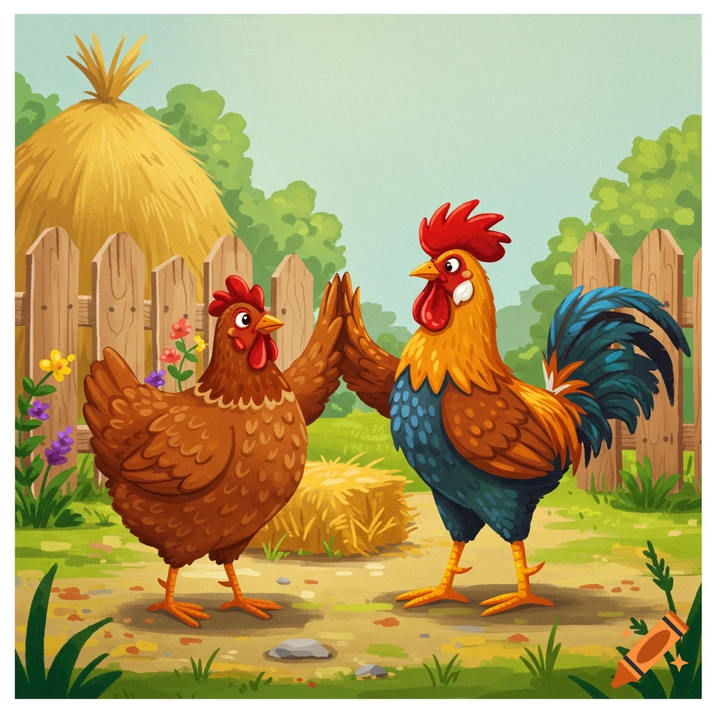 Cartoon hen and rooster high-fiving in a farmyard setting.