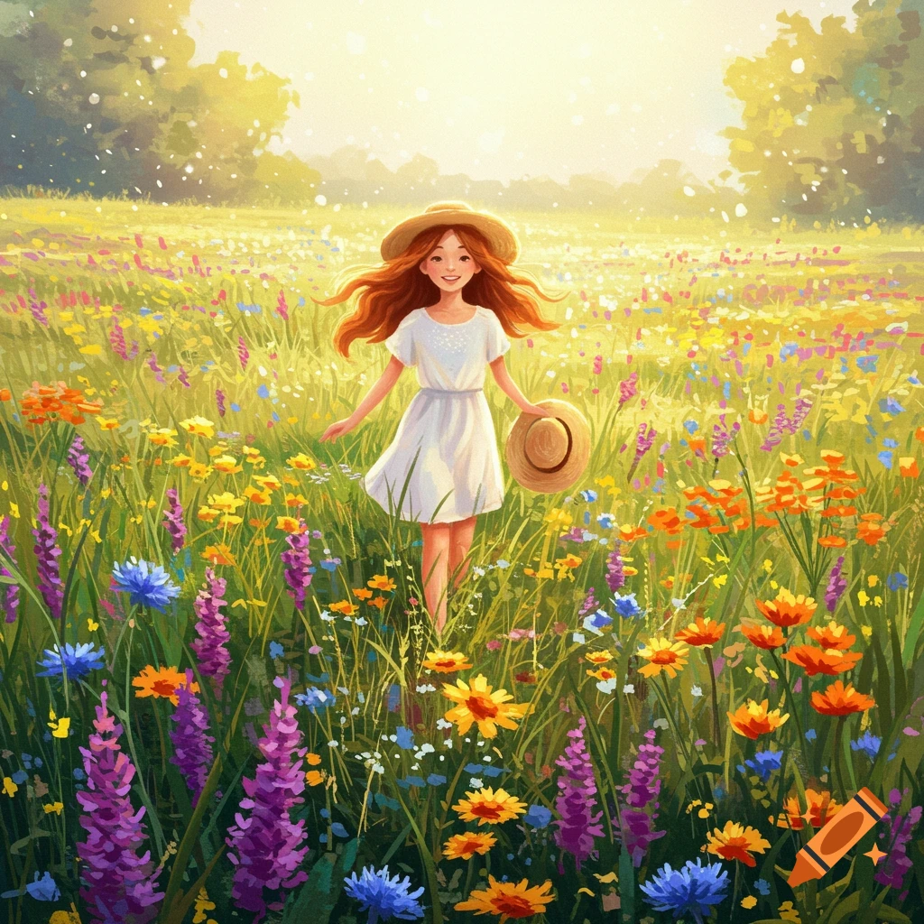 A girl in a white dress walks through a vibrant flower meadow.