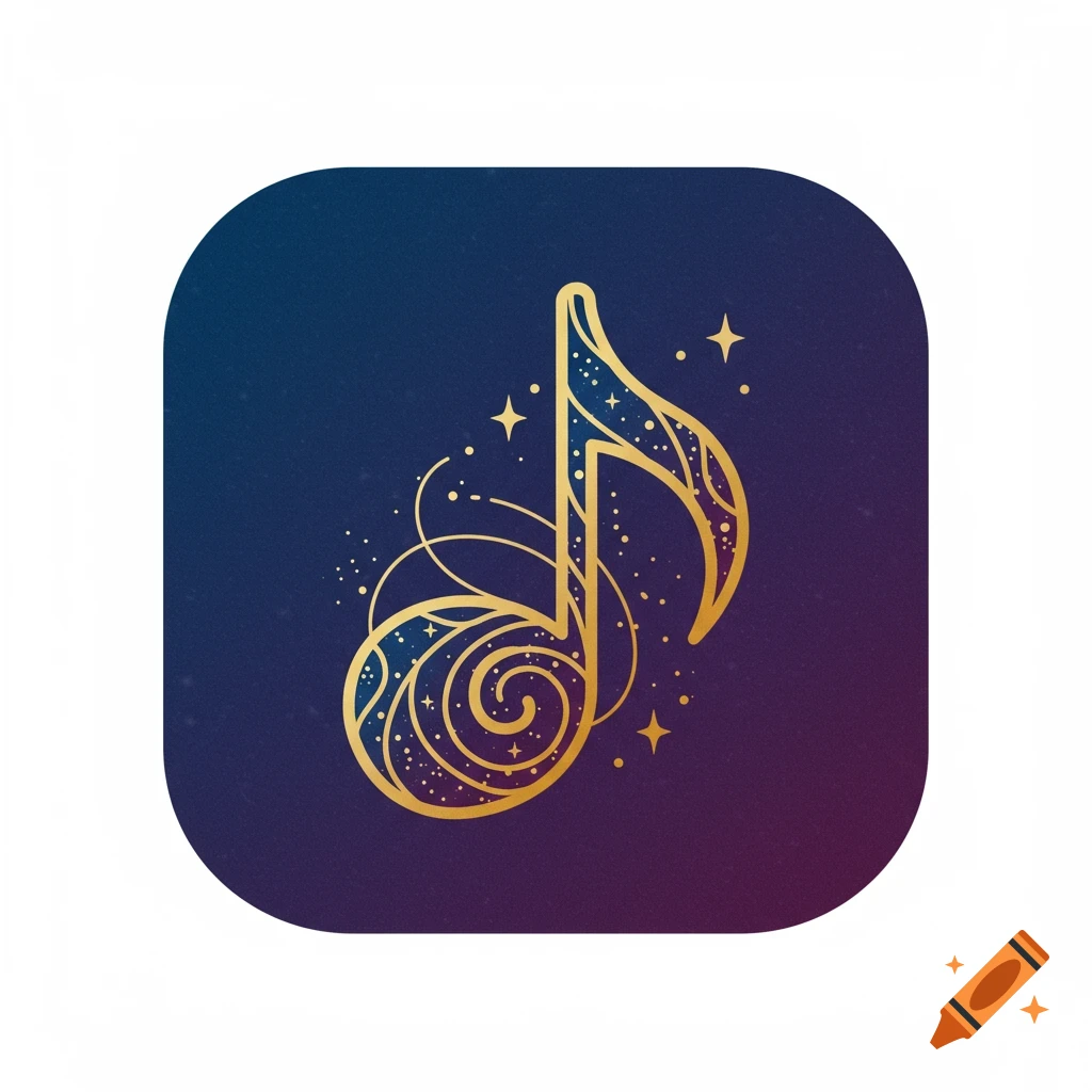 A gold musical note with stars and swirls on a dark blue and purple gradient background, shaped like an icon.