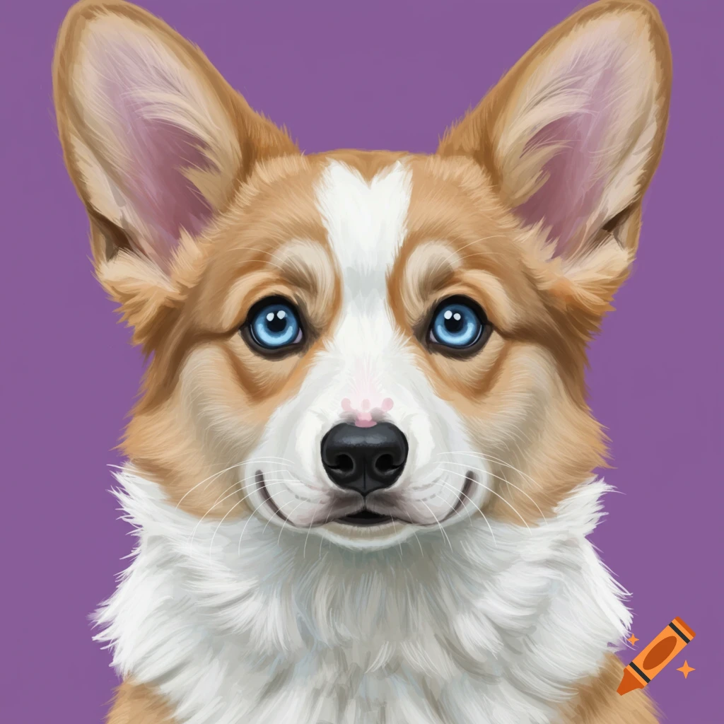 A cute blue-eyed corgi with tan and white fur on a purple background.