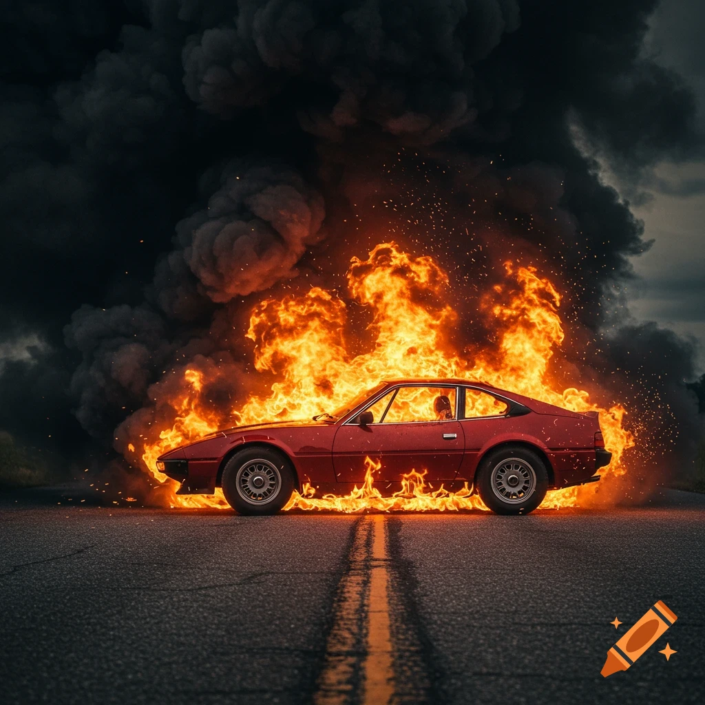 A red sports car is engulfed in flames and smoke on an asphalt road.