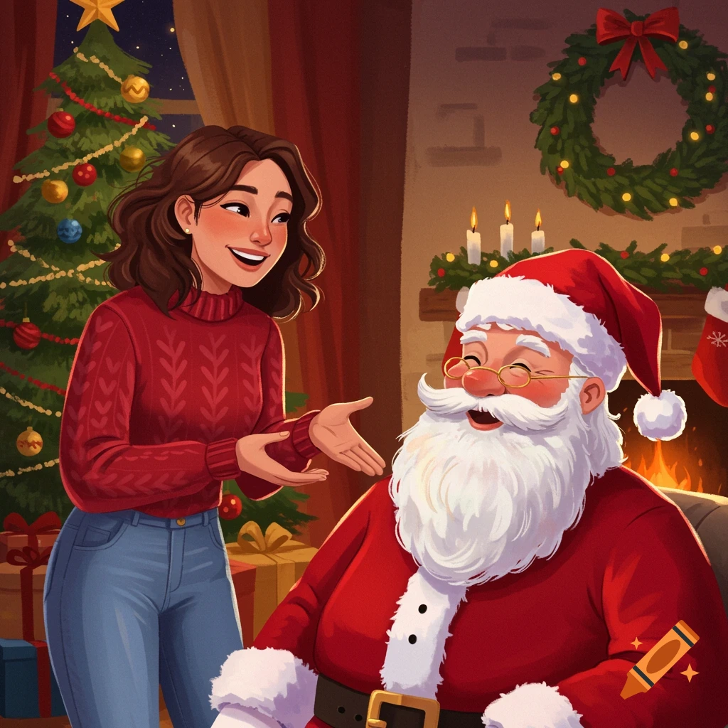 A woman in a red sweater talks with Santa Claus in a cozy room with a Christmas tree and fireplace.