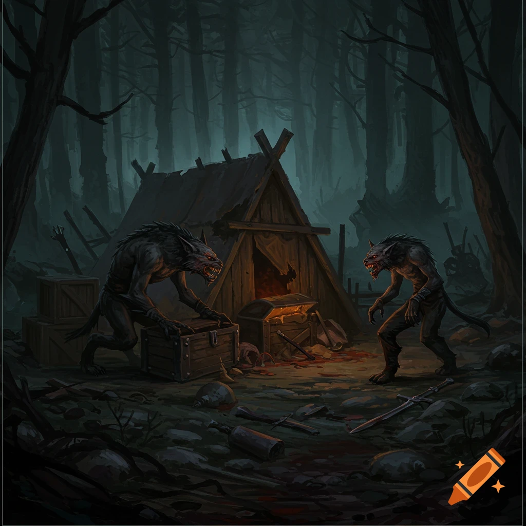 Two gnolls scavenging at night in a dark forest clearing with crates and weapons.