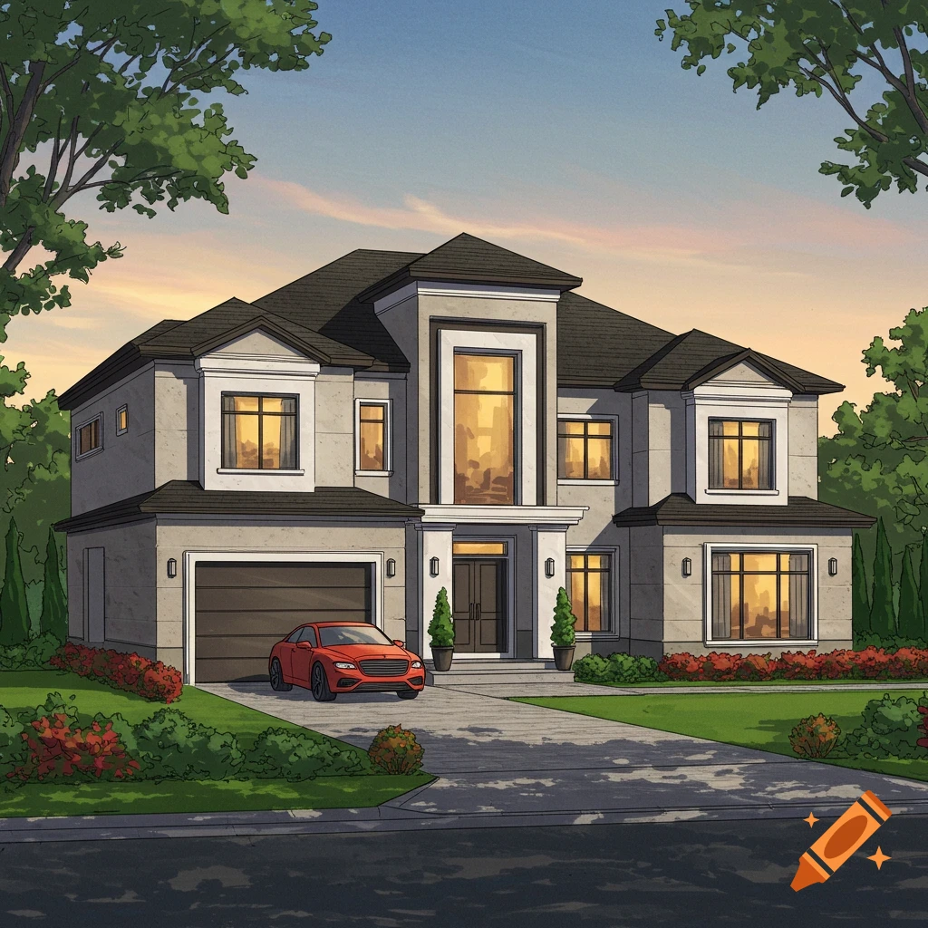 Large modern house with a red car in the driveway at sunset.