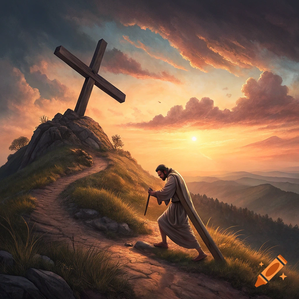 Man carrying a beam towards a cross on a hill at sunset.