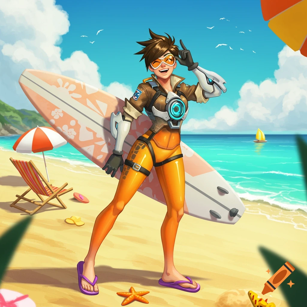 Tracer from Overwatch stands on a beach with a surfboard.