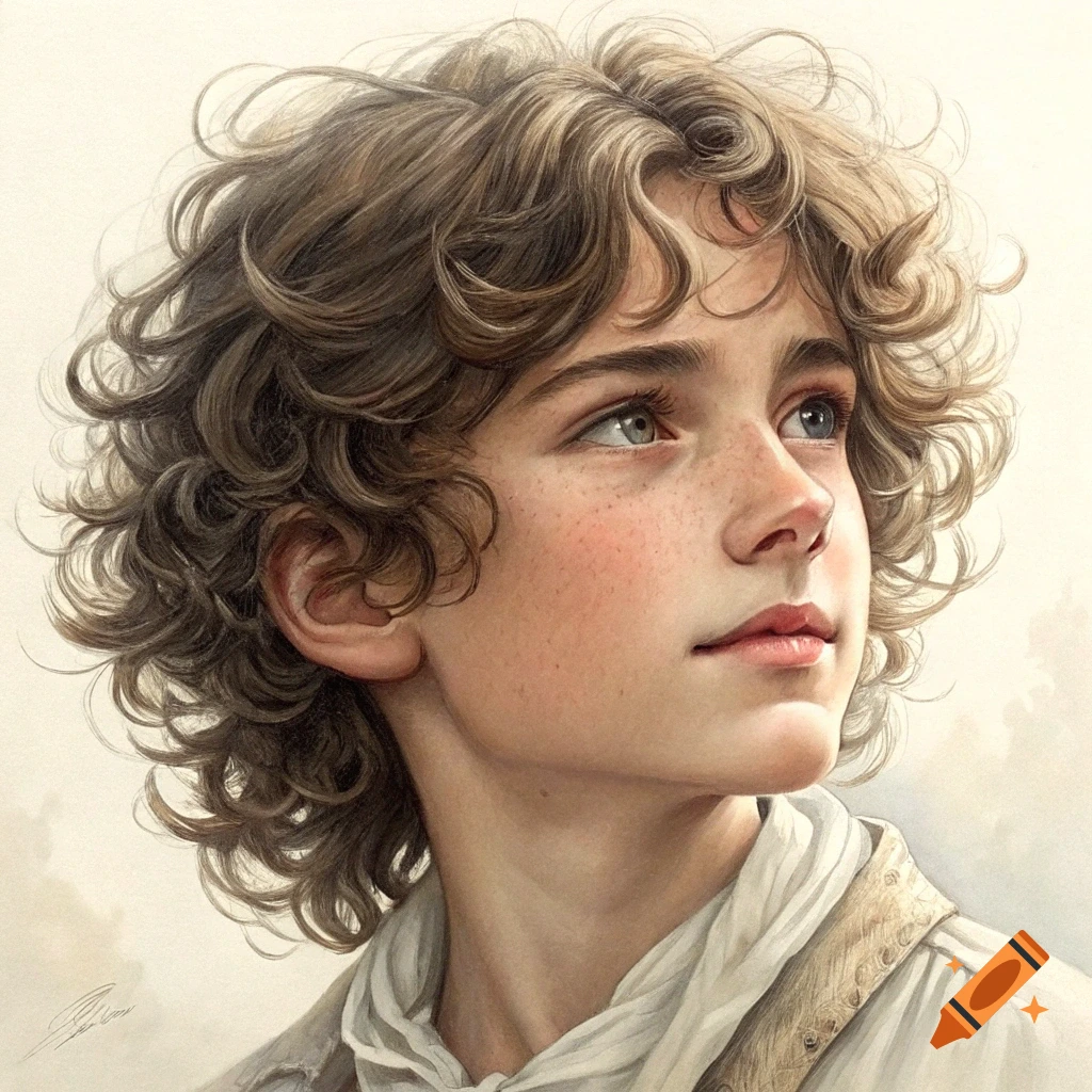 Close-up painted portrait of a young boy with curly hair, freckles, and blue-green eyes looking up.