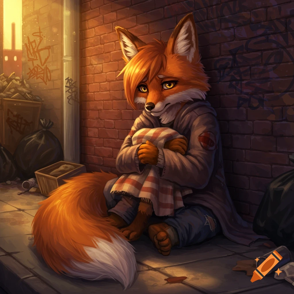 A sad-looking anthropomorphic fox huddled in an alleyway beside trash cans and graffiti.