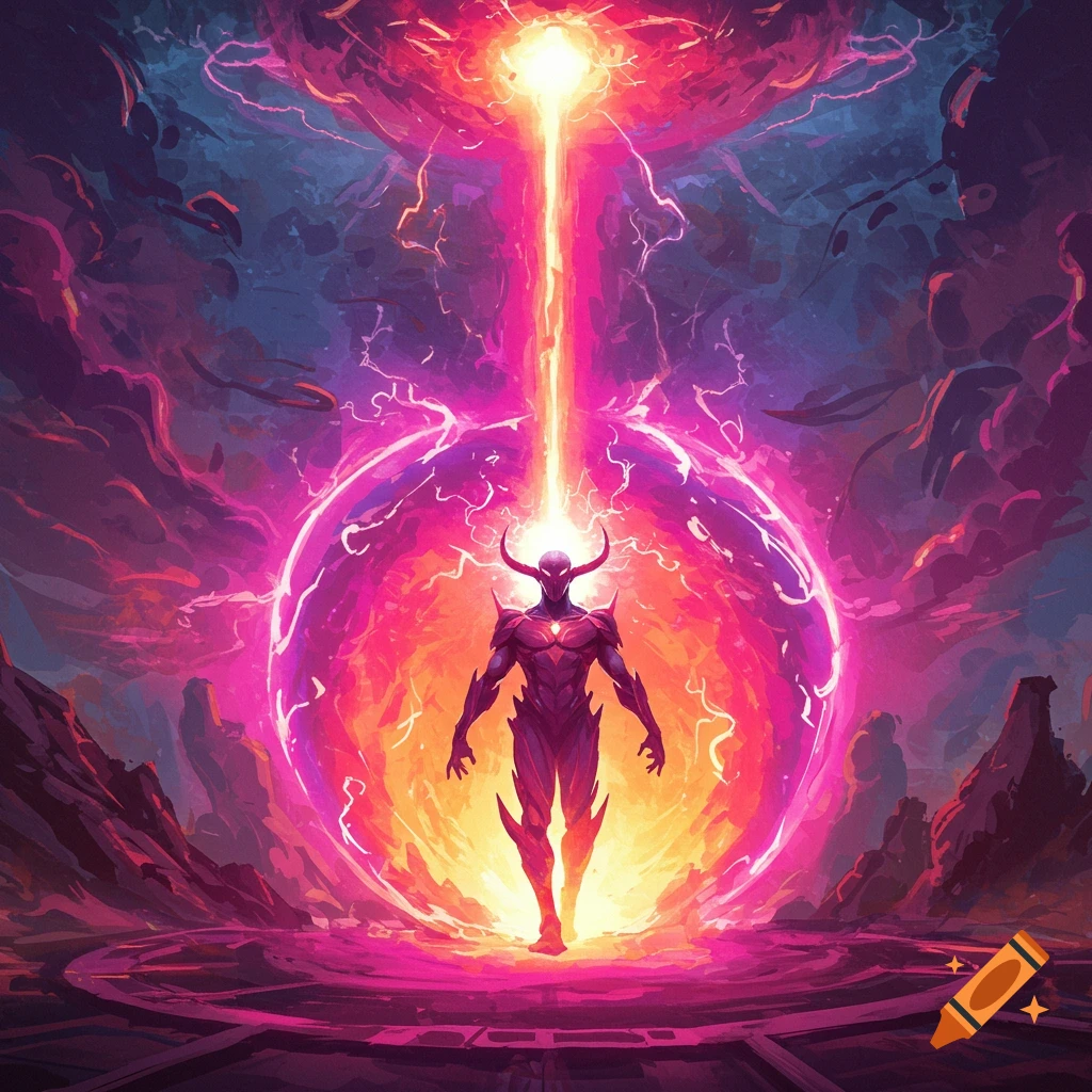 A horned figure stands within a glowing energy sphere with a light beam above, in a surreal landscape.