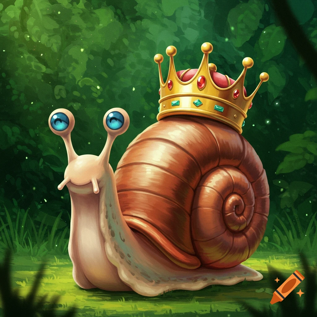 A cartoon snail wearing a golden crown in a forest setting.