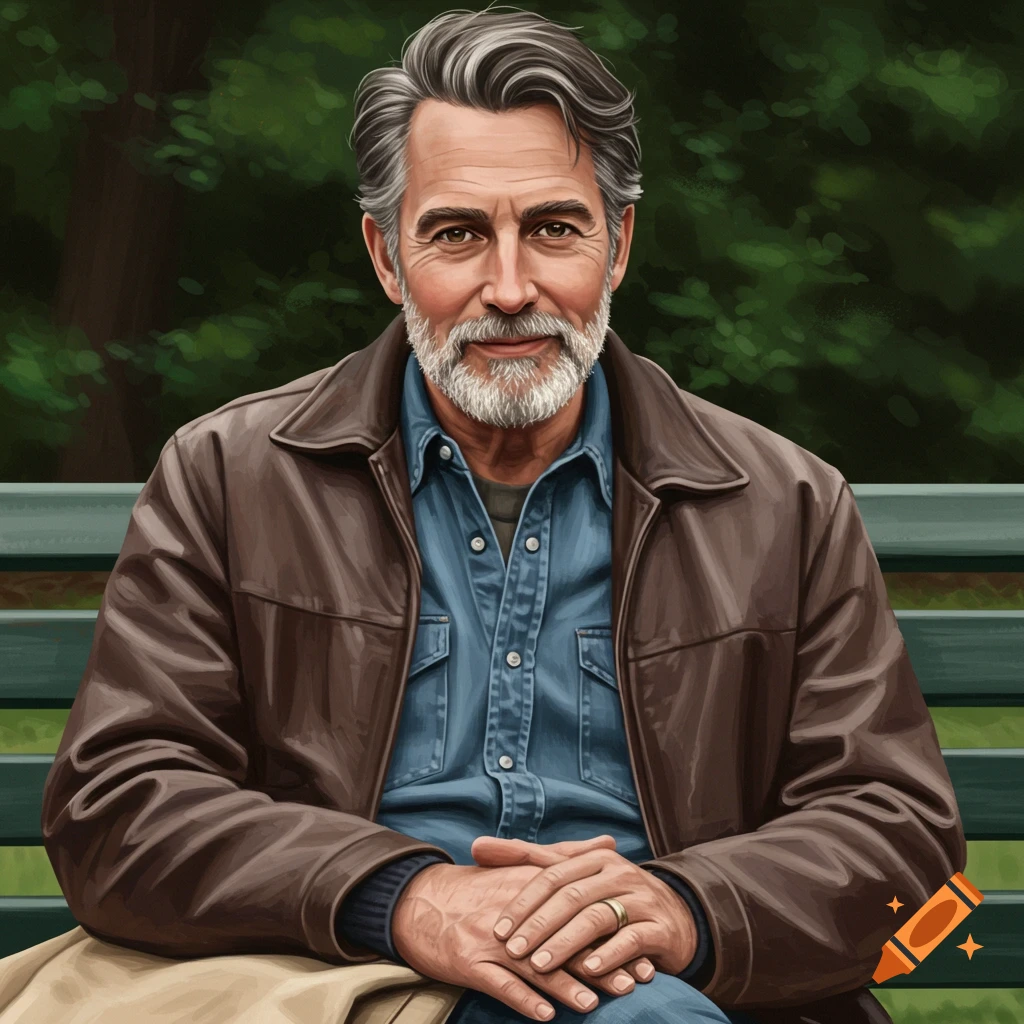 A man with a beard wearing a brown leather jacket sitting on a park bench.
