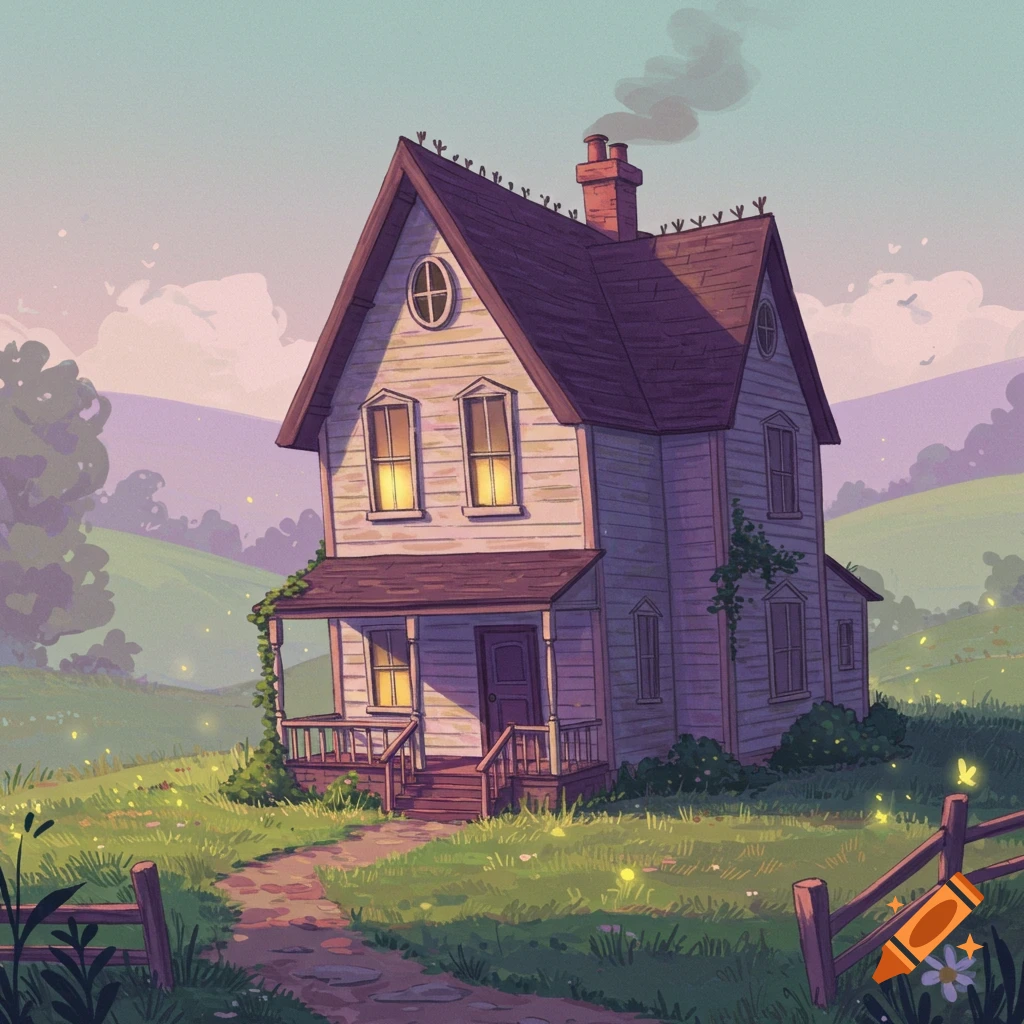 Whimsical house on a grassy hill with a path and fireflies.