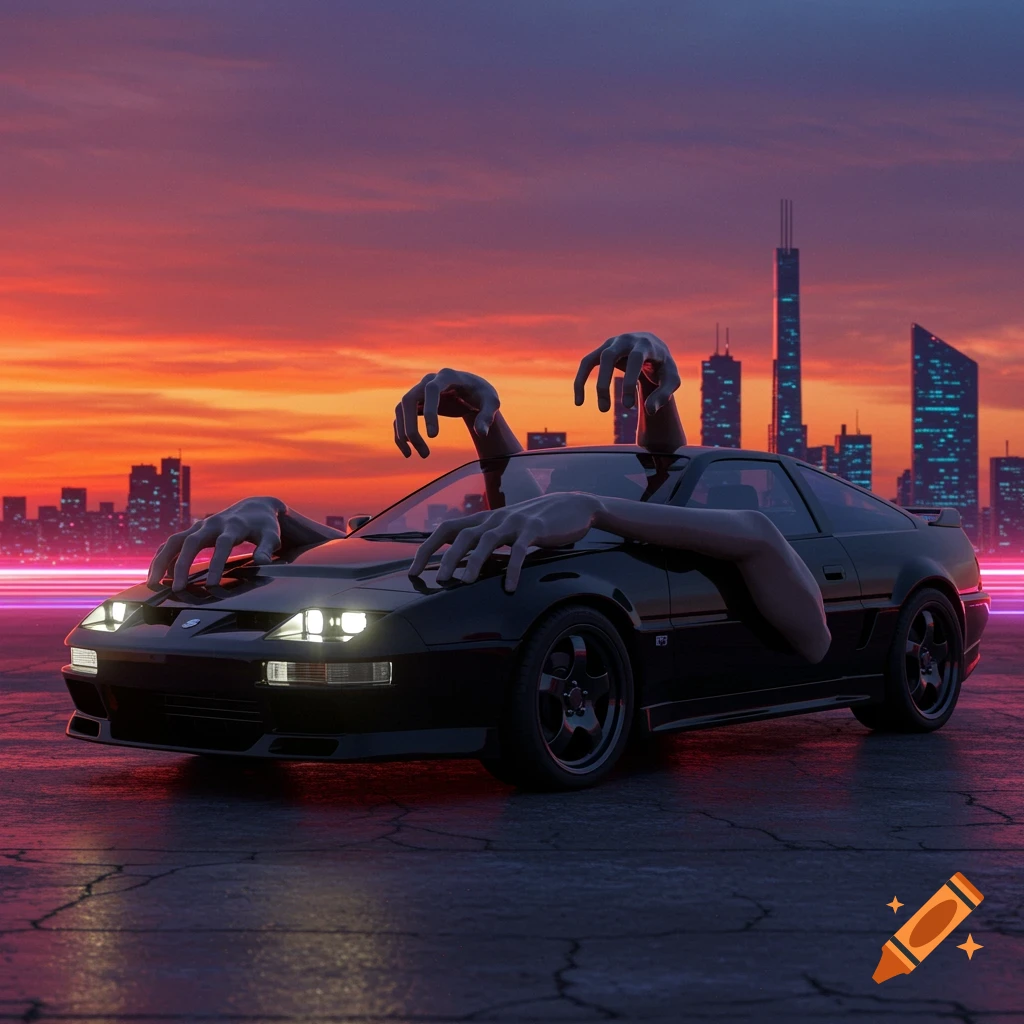 Surreal image of a black sports car with large hands emerging from it, against a sunset cityscape.