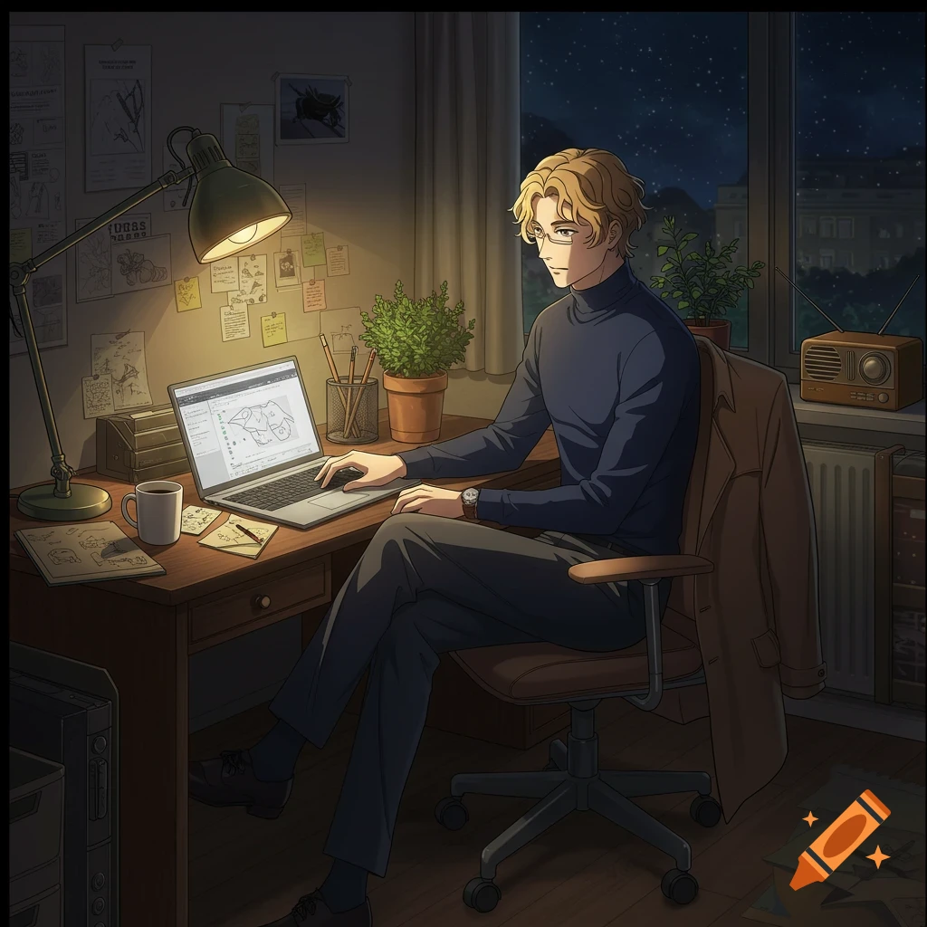 Anime man working on a laptop at a desk at night.