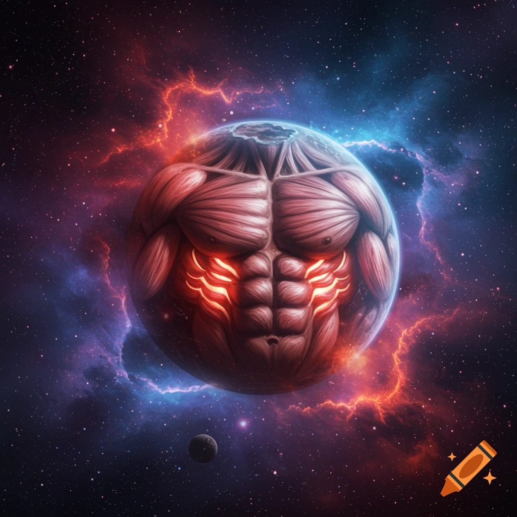 A muscle-bound planet floats in a cosmic nebula.