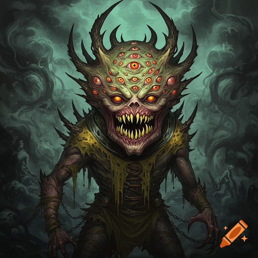 A multi-eyed fantasy monster with horns, sharp teeth, and chains, standing in mist.