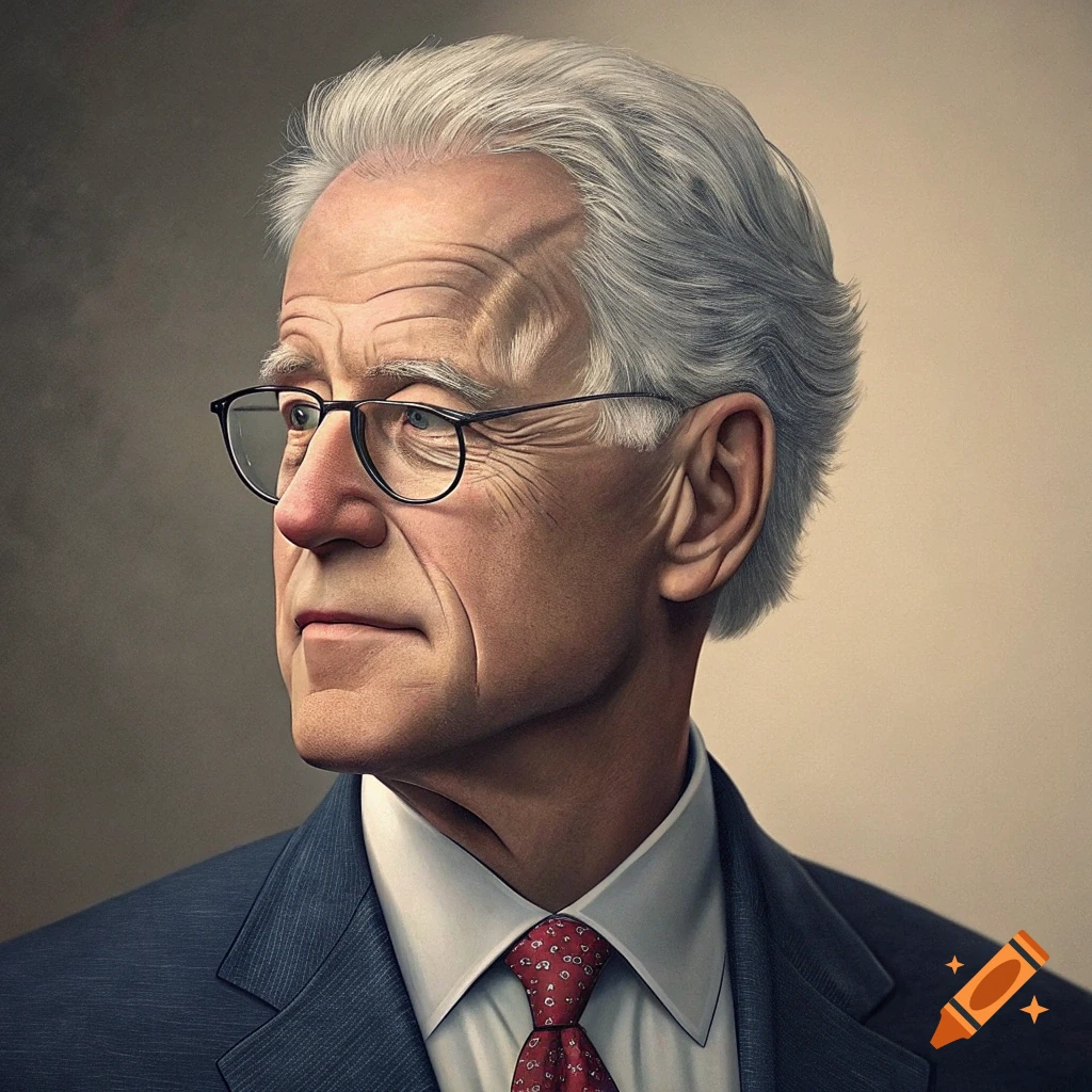 A realistic portrait of an older man with grey hair and glasses wearing a suit and tie, looking left.