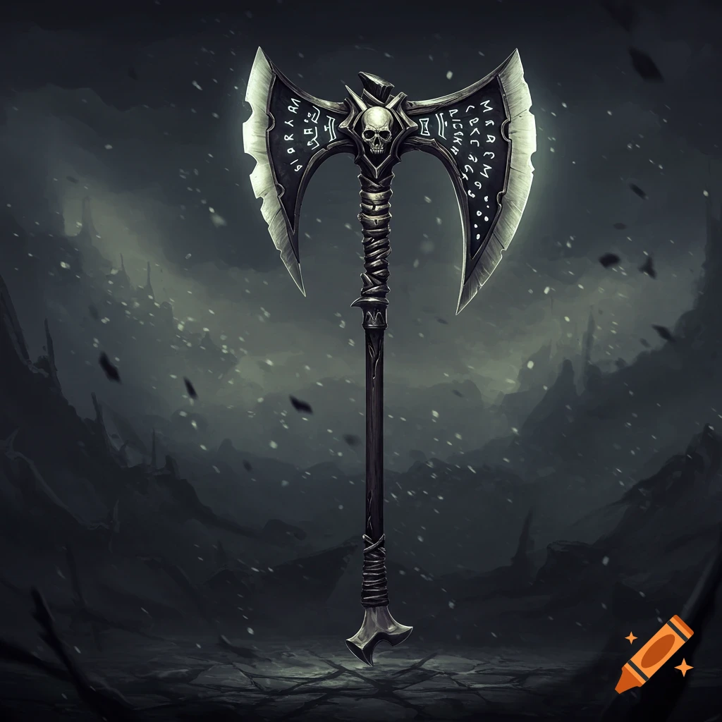 A fantasy double axe with a skull and runes, in a dark, stormy landscape.