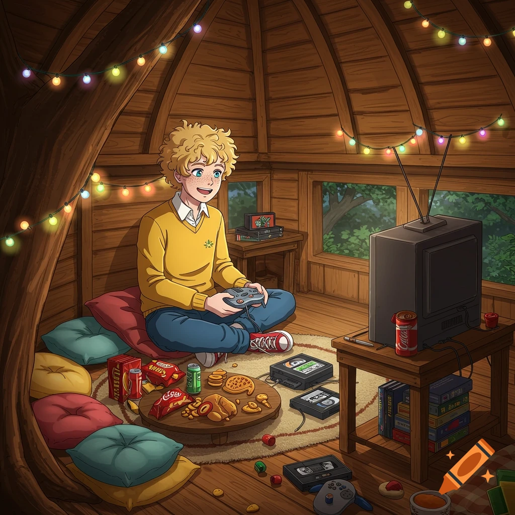 Anime illustration of a boy playing video games in a cozy treehouse.