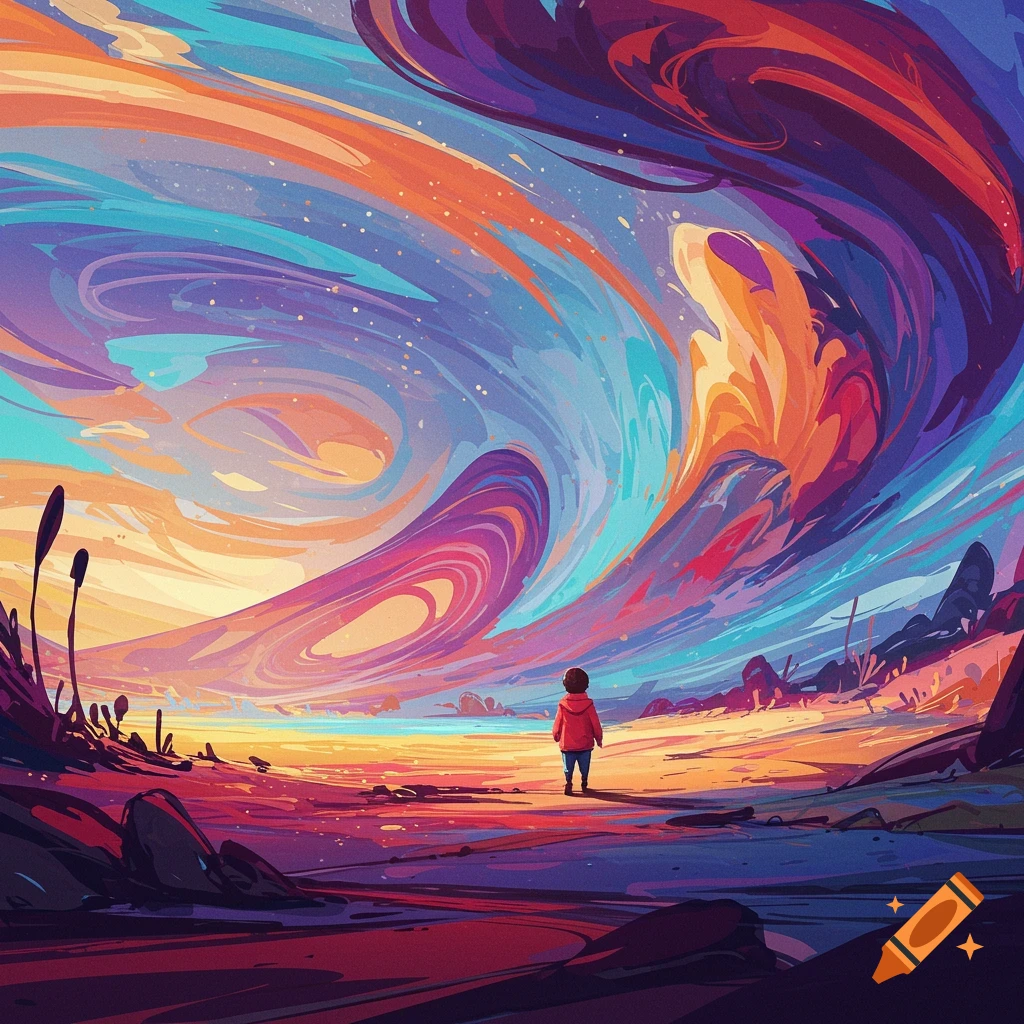 A small figure stands in a surreal landscape with swirling abstract shapes and vibrant colors.