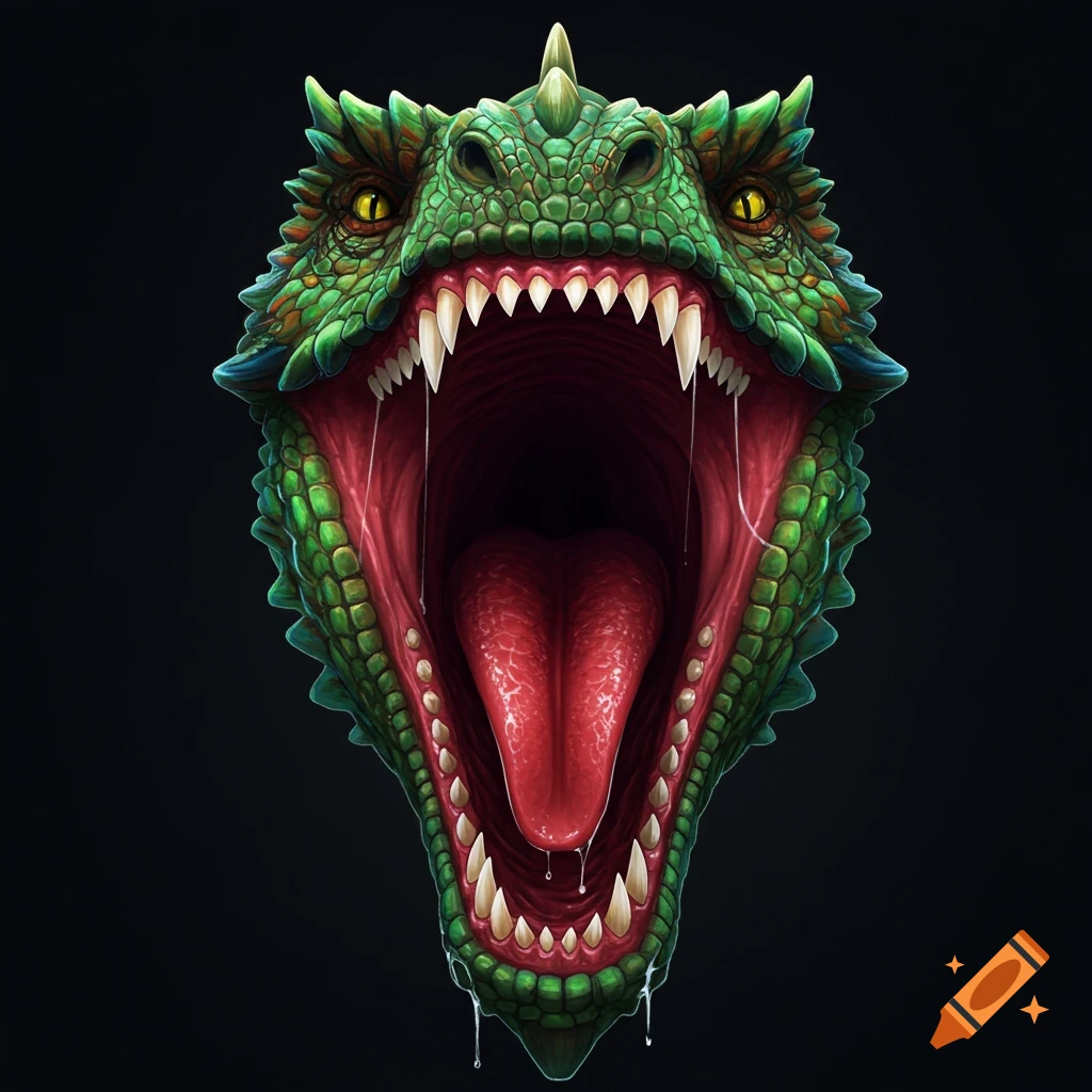 A realistic green dragon head with mouth wide open, showing teeth and tongue.