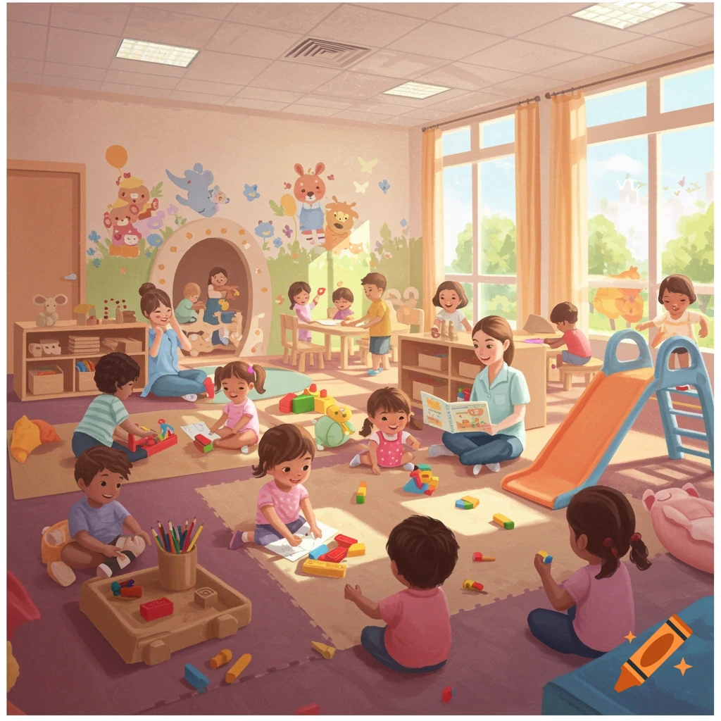 Vibrant image of a cheerful daycare with children playing and reading with a teacher.